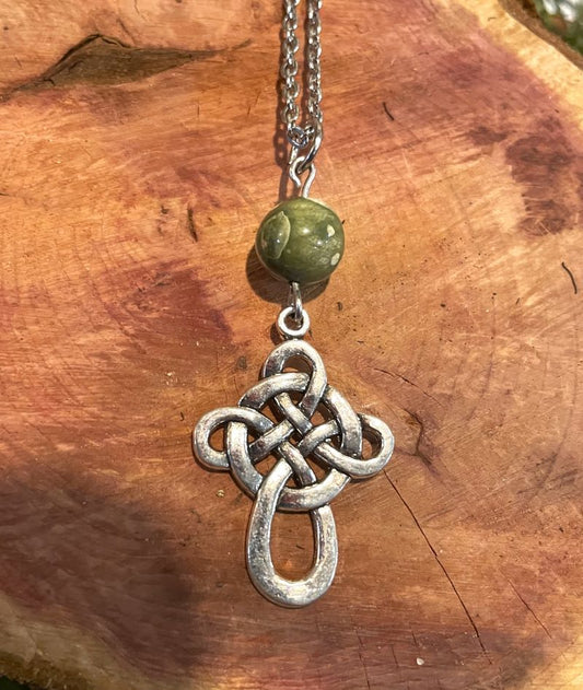 Celtic Cross with Rainforest Jasper Necklace
