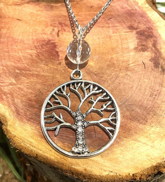 Rhinestone Tree of Life with Quartz Crystal Necklace