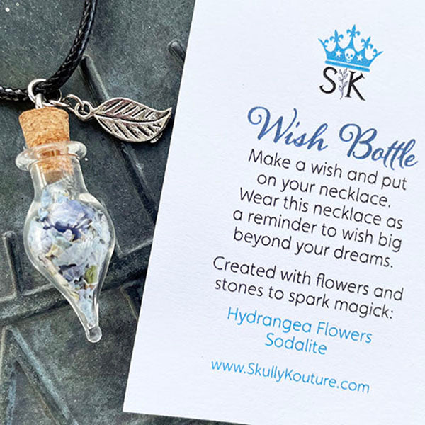 Hydrangea Flower and Sodalite Wish Bottle Necklace