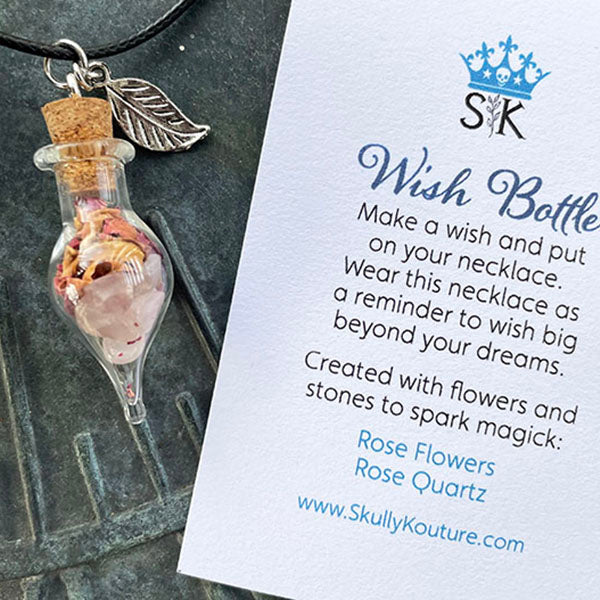 Rose Flower and Rose Quartz Wish Bottle Necklace – Skully Kouture