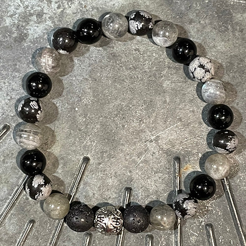 Labradorite, Snowflake Obsidian and Onyx Bead Bracelet