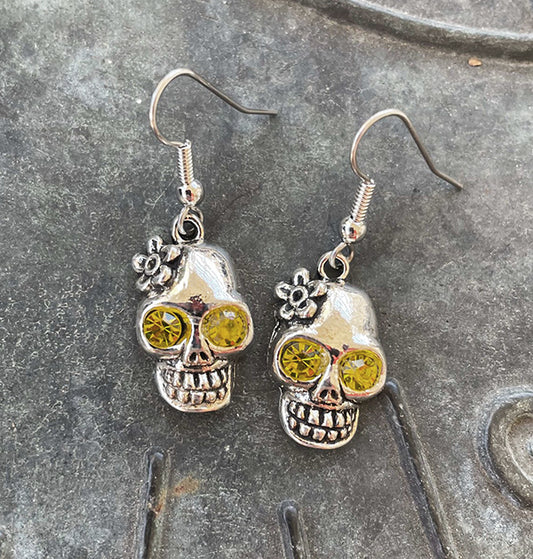 Yellow Rhinestone Skull Earrings