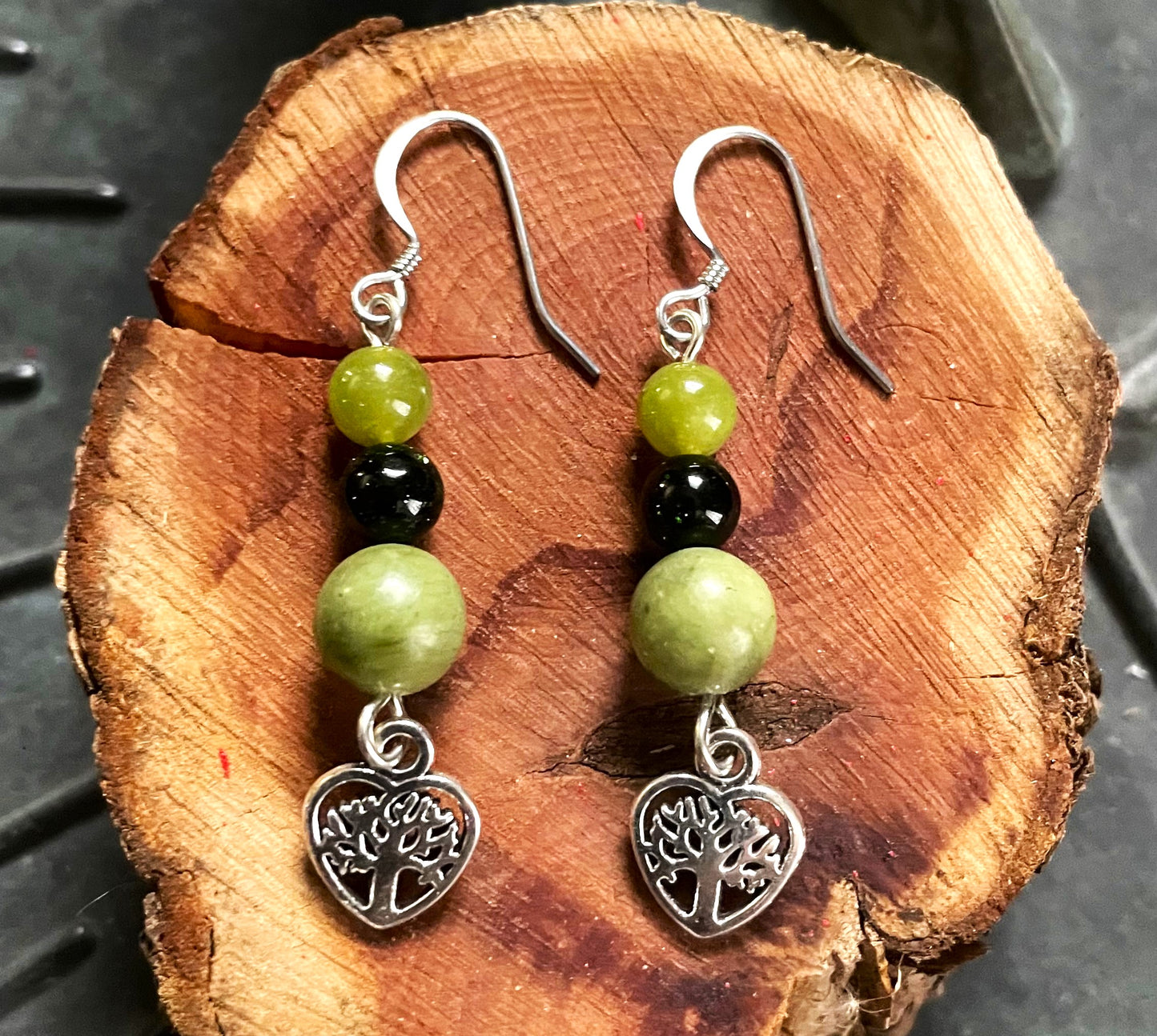 Jade and Green Goldstone Tree of Life Love Earrings