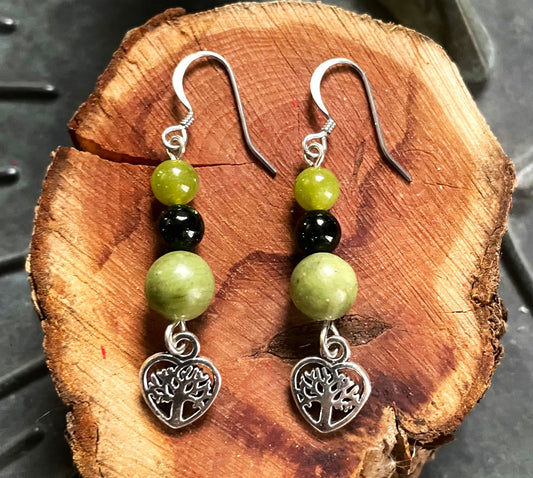 Jade and Green Goldstone Tree of Life Love Earrings