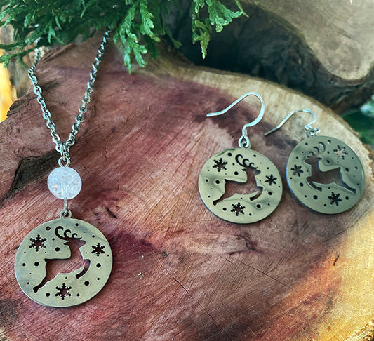 Stainless Steel Round Reindeer Earrings OR Necklace