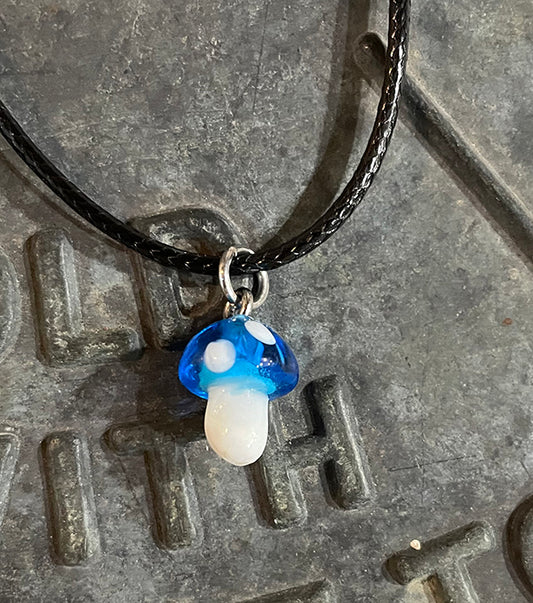 Small Blue Lampwork Mushroom Necklace