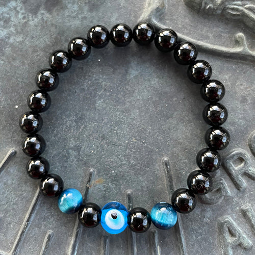 Light Blue Evil Eye, Tiger's Eye and Onyx Bracelet