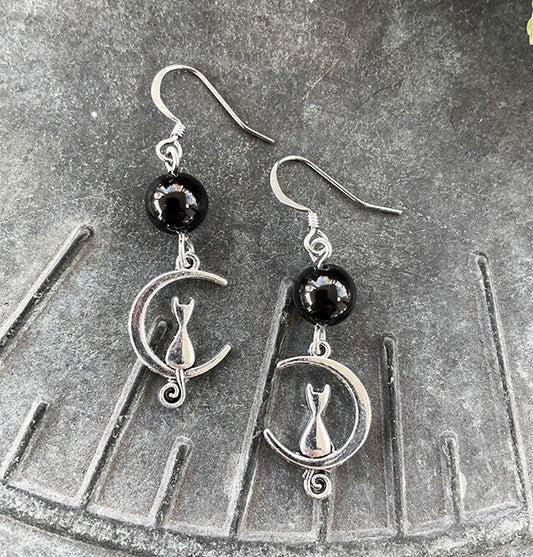 Onyx with Cat on Moon Earrings