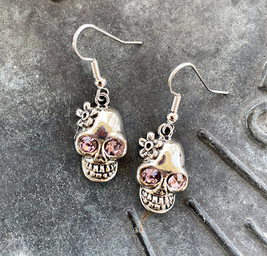 Pink Rhinestone Skull Earrings