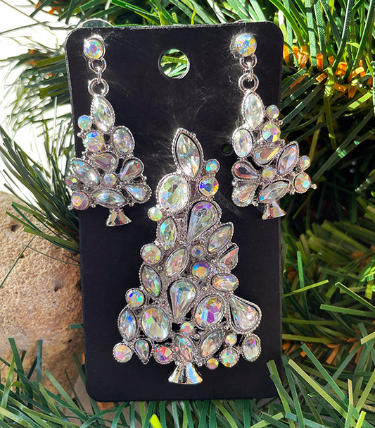 Rhinestone Tree Pin and Earring Set