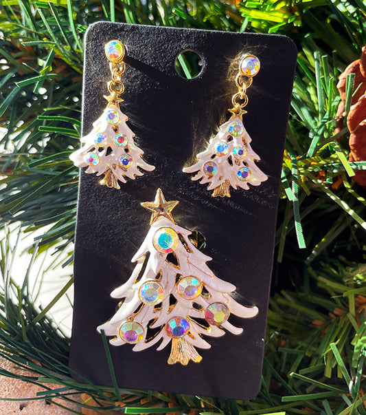 Rhinestone Tree Pin and Earring Set