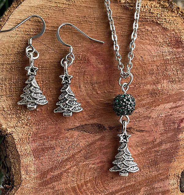 Rhinestone Holiday Tree Necklace OR Earrings