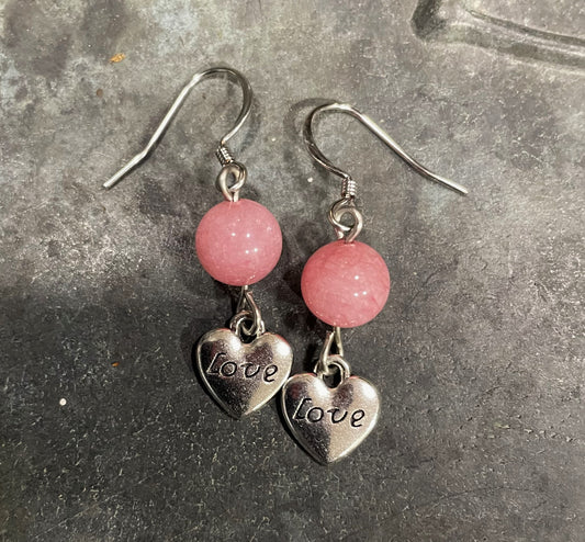 Pink Jade with Heart Earrings