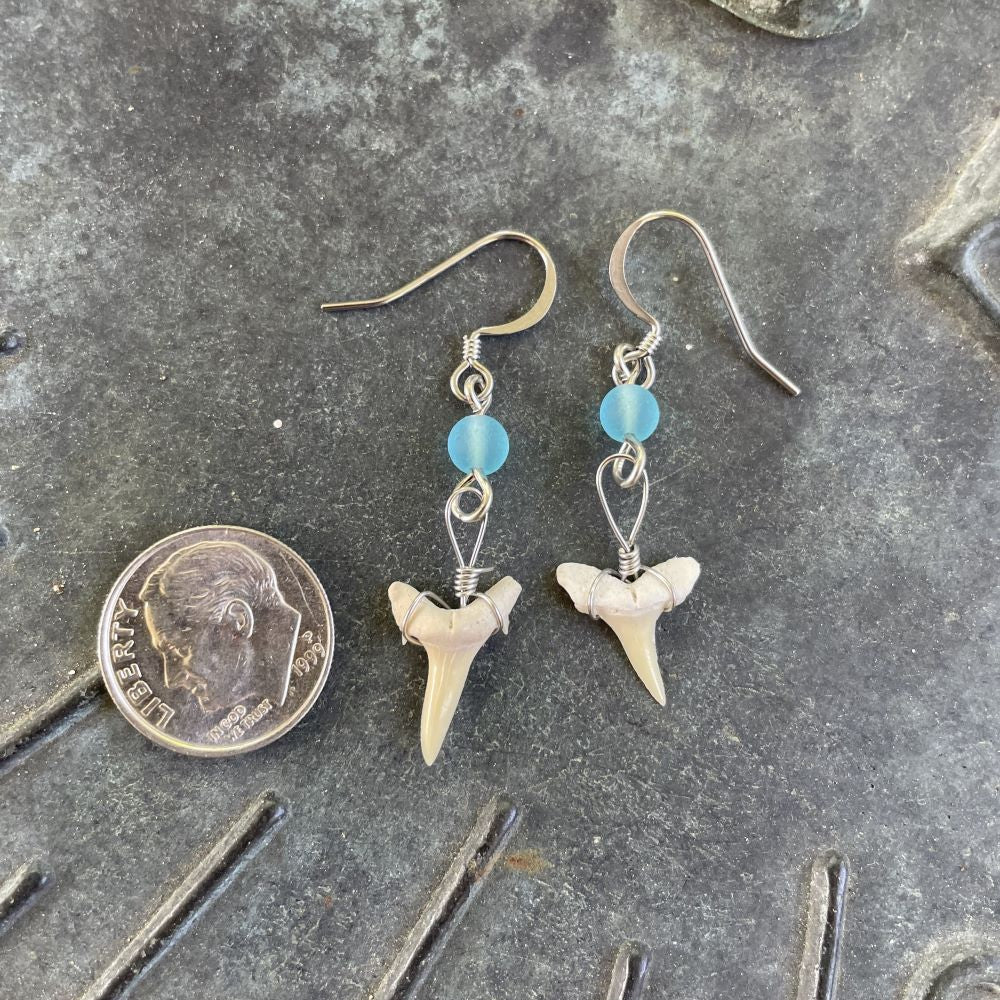 Petite Shark Tooth with Sea Glass Earrings
