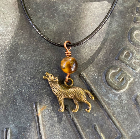 Tiger's Eye with Brass Wolf Necklace