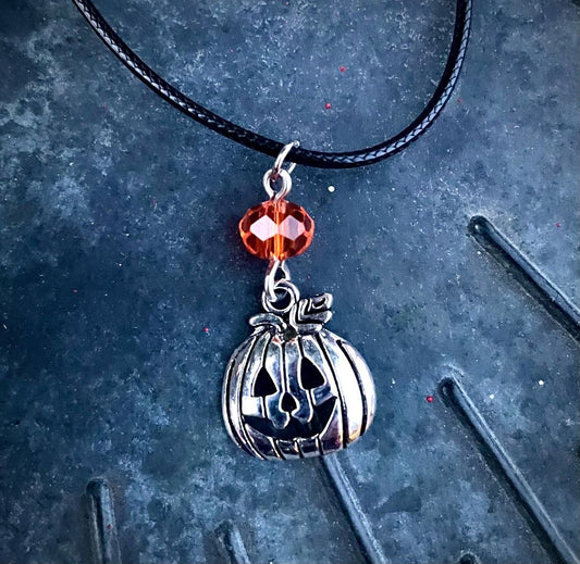 Autumn Gord Necklace – Orange Czech Crystal & Pumpkin Charm
