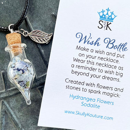 Hydrangea Flower and Sodalite Wish Bottle Necklace