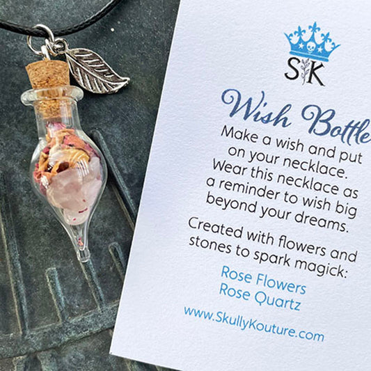 Rose Flower and Rose Quartz Wish Bottle Necklace