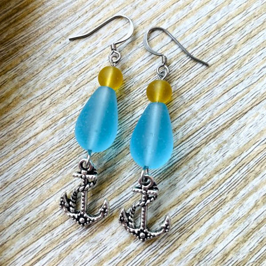 Sea Glass with Anchor Earrings