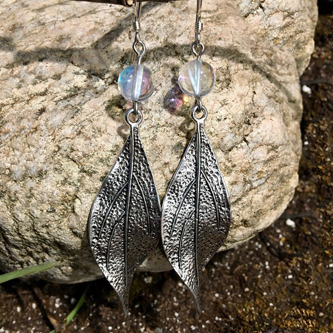 Dew Drop (Rainbow Quartz) with Leaf Earrings