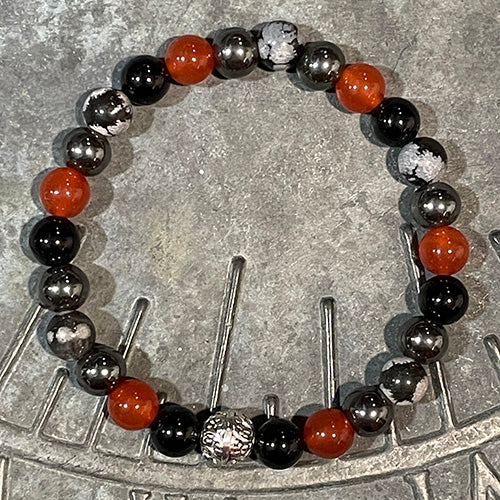 Carnelian, Hematite, Snowflake Obsidian and Onyx Bead Bracelet