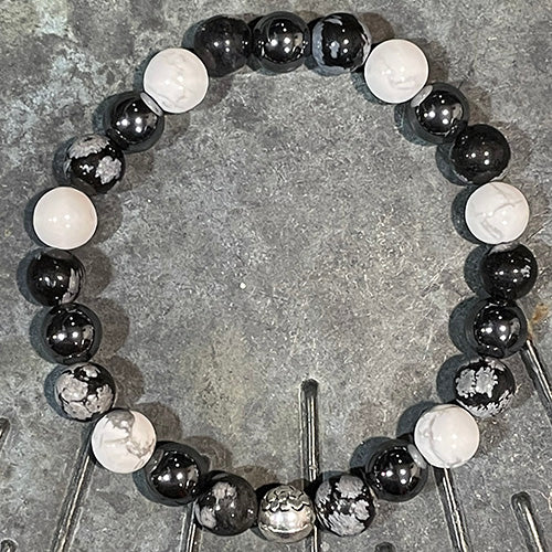 Howlite, Hematite, and Snowflake Obsidian bead Bracelet
