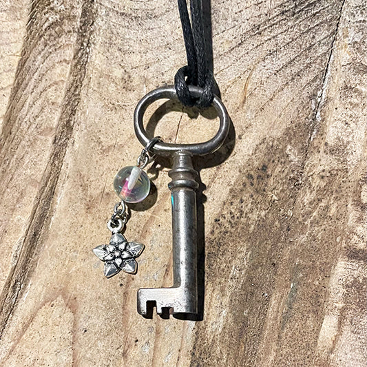 Antique Key with Rainbow Quartz and Flower