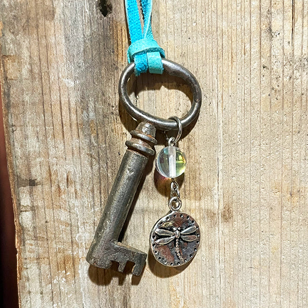Antique Key with Rainbow Quartz and Dragonfly